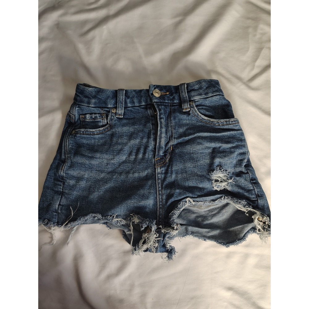 American Eagle Distressed Denim Shorts Dark Wash High Rise Size 000 Frayed Hem